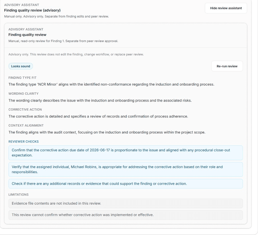 Qaptur advisory assistant finding quality review with a verdict, type fit, wording clarity, corrective action and context alignment checks, reviewer checks, and explicit limitations